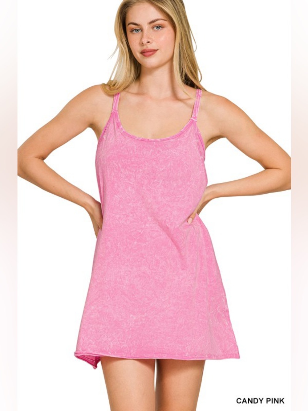 CANDY PINK CRINKLE WASHED MINI DRESS W/ BUILT-IN ROMPER LINER